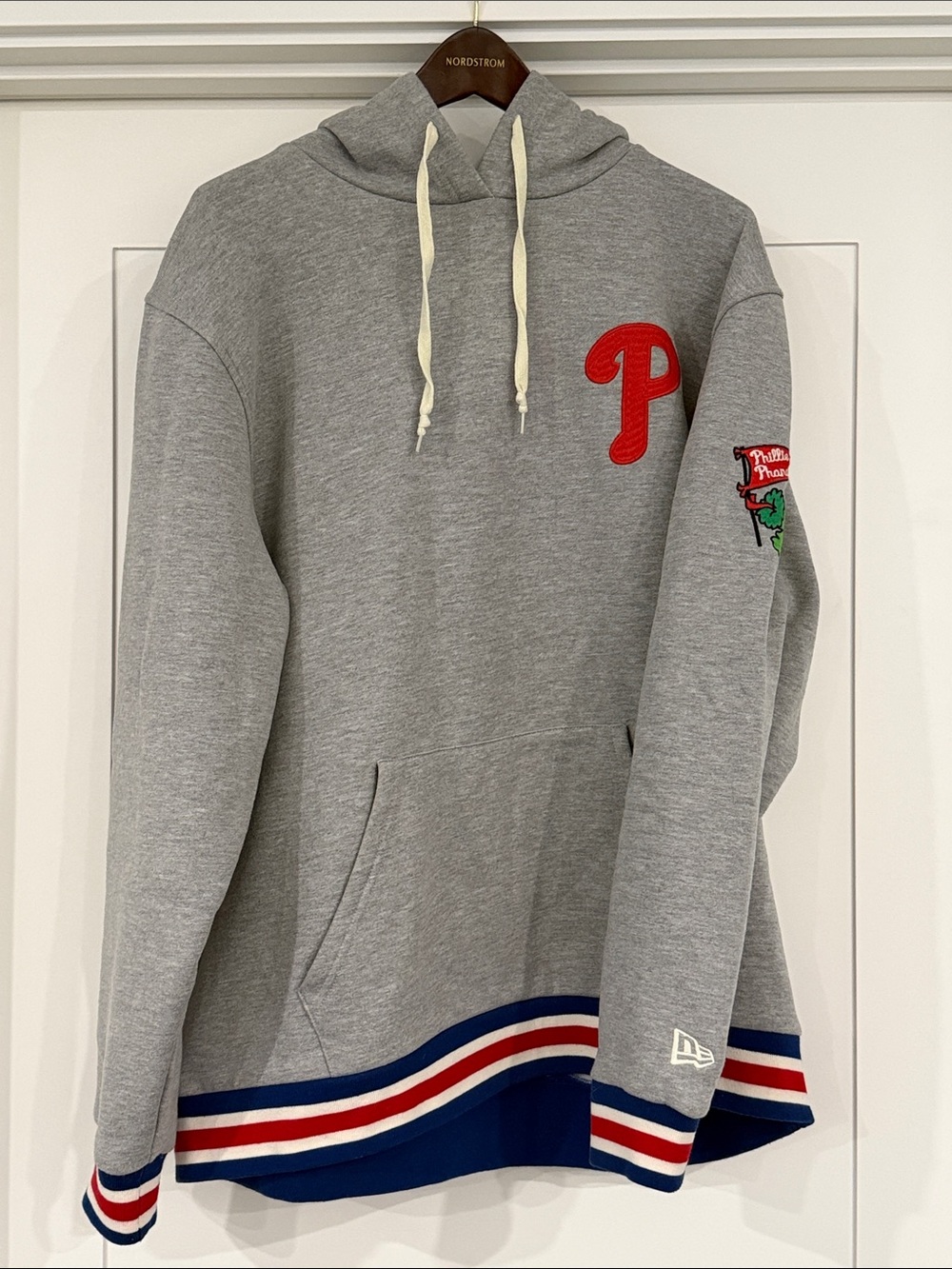 New Era Gray Hoodie with Embroidered Logo & Navy-Striped Hem Phila. Phillies